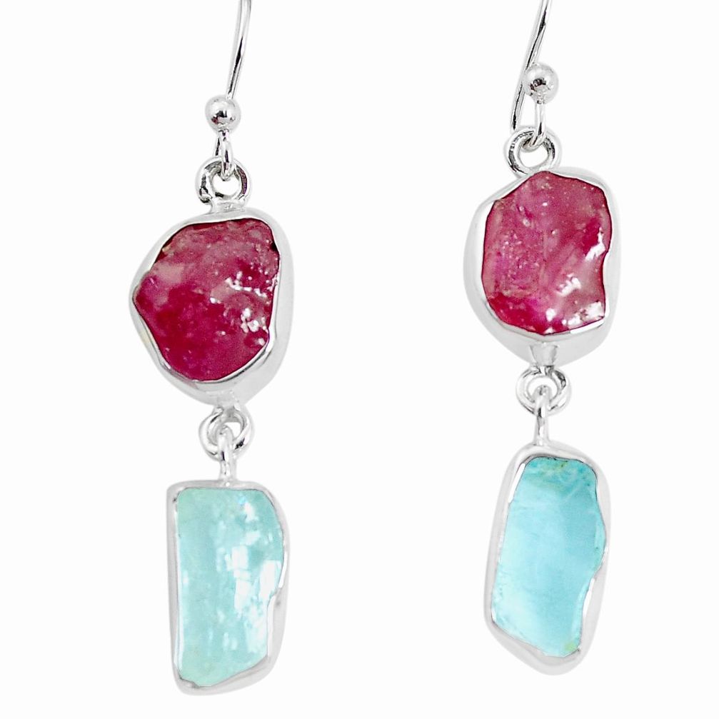 13.40cts natural pink ruby rough aquamarine rough 925 silver earrings p33308
