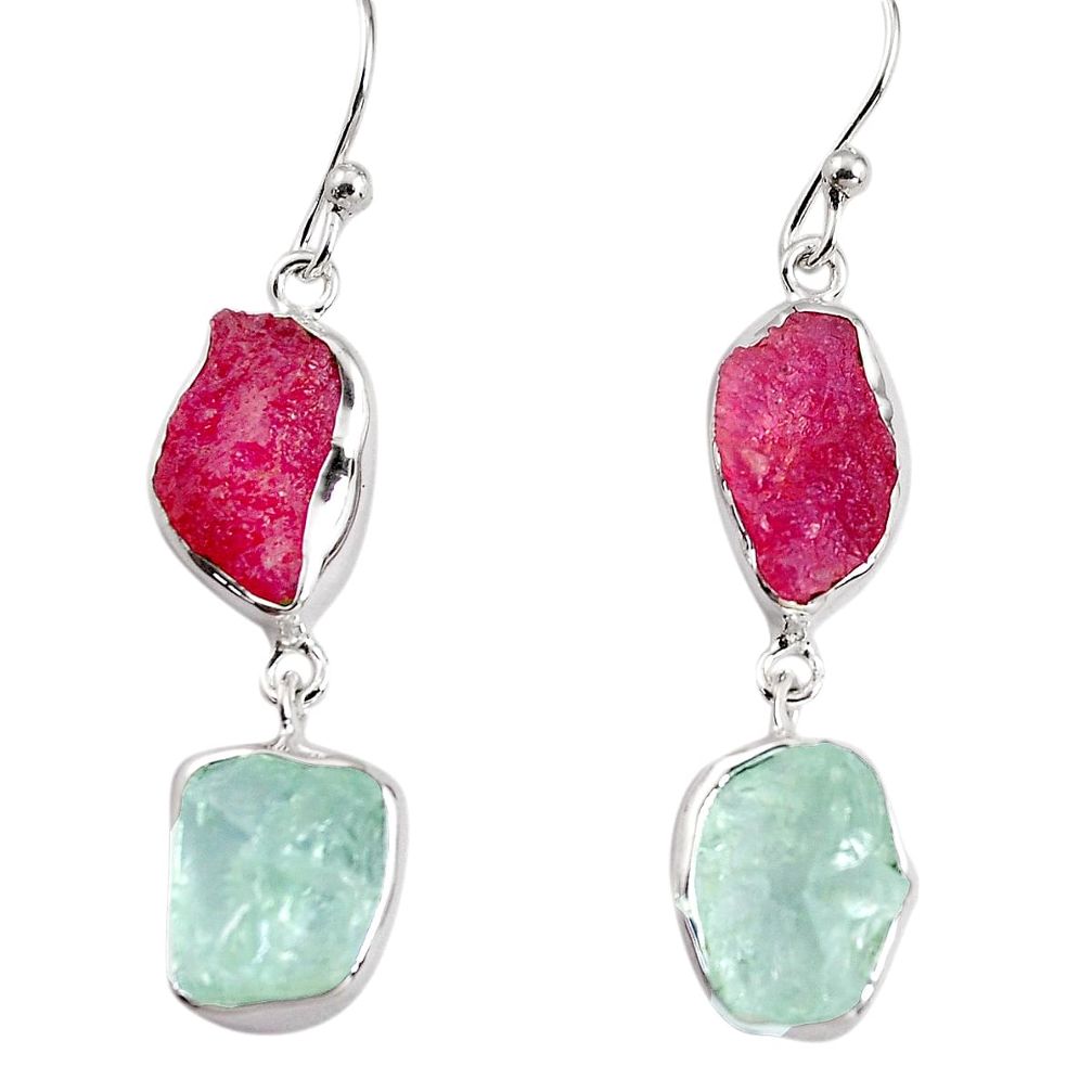 17.22cts natural pink ruby rough aquamarine rough silver dangle earrings p91562