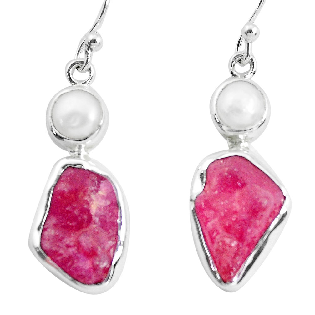 13.77cts natural pink ruby rough white pearl 925 silver dangle earrings p51691