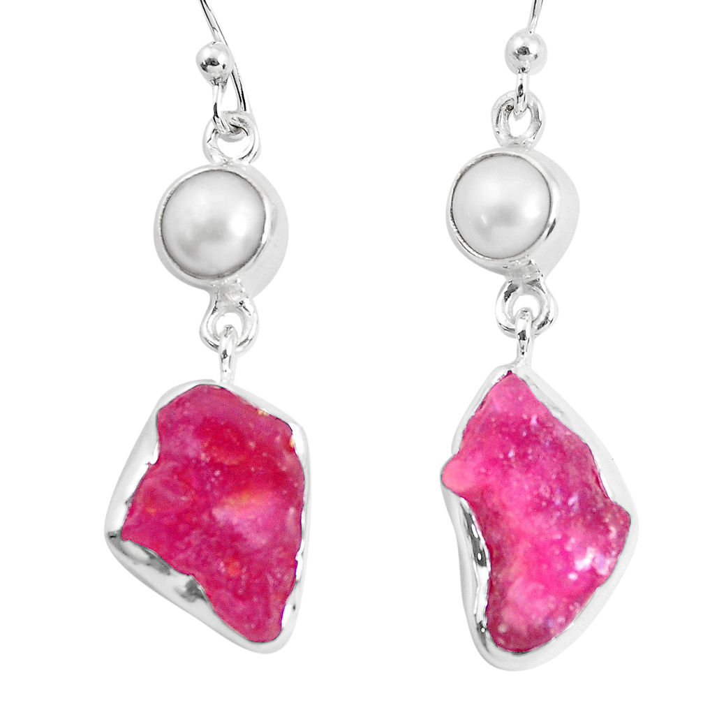 15.47cts natural pink ruby rough white pearl 925 silver dangle earrings p51696