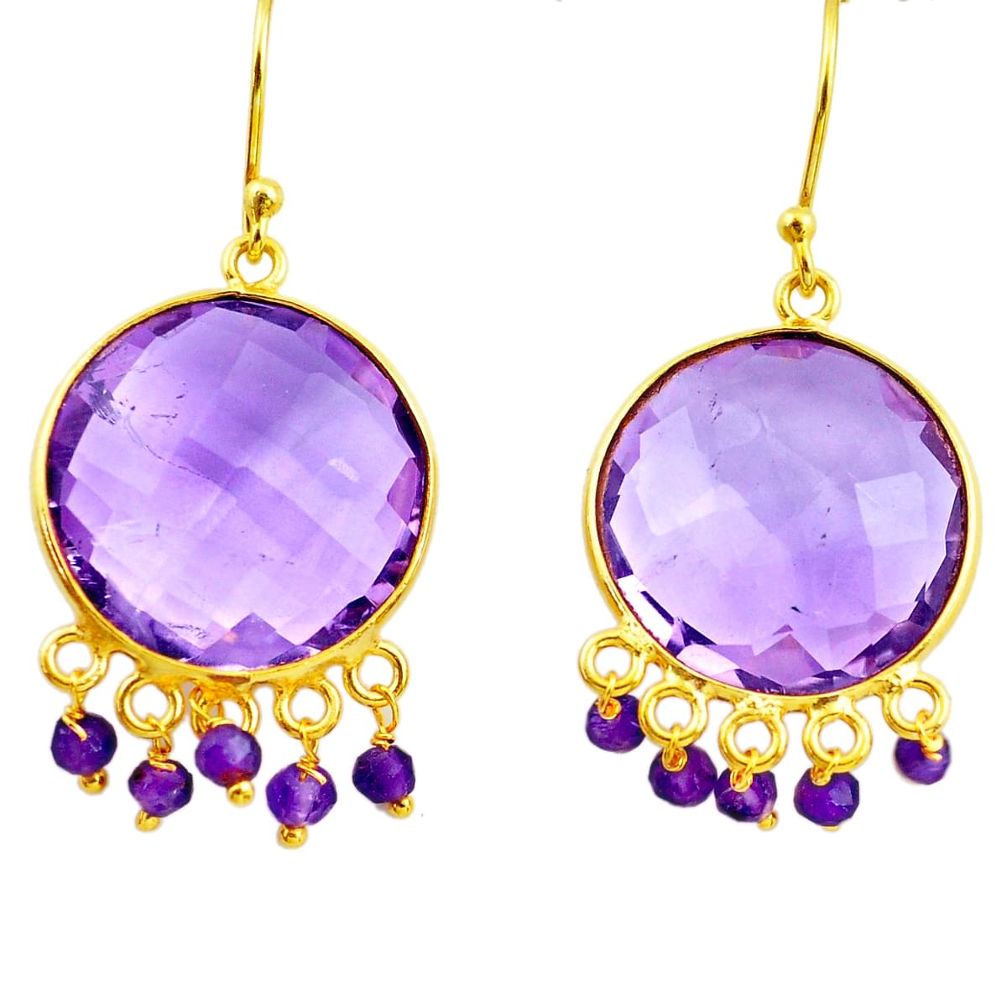 25.25cts natural purple amethyst 925 silver 14k gold dangle earrings p75683