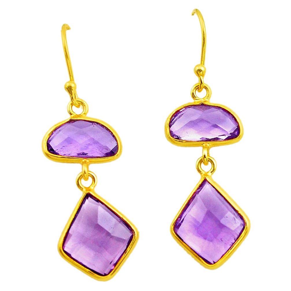 12.29cts natural purple amethyst 925 silver 14k gold dangle earrings p75859