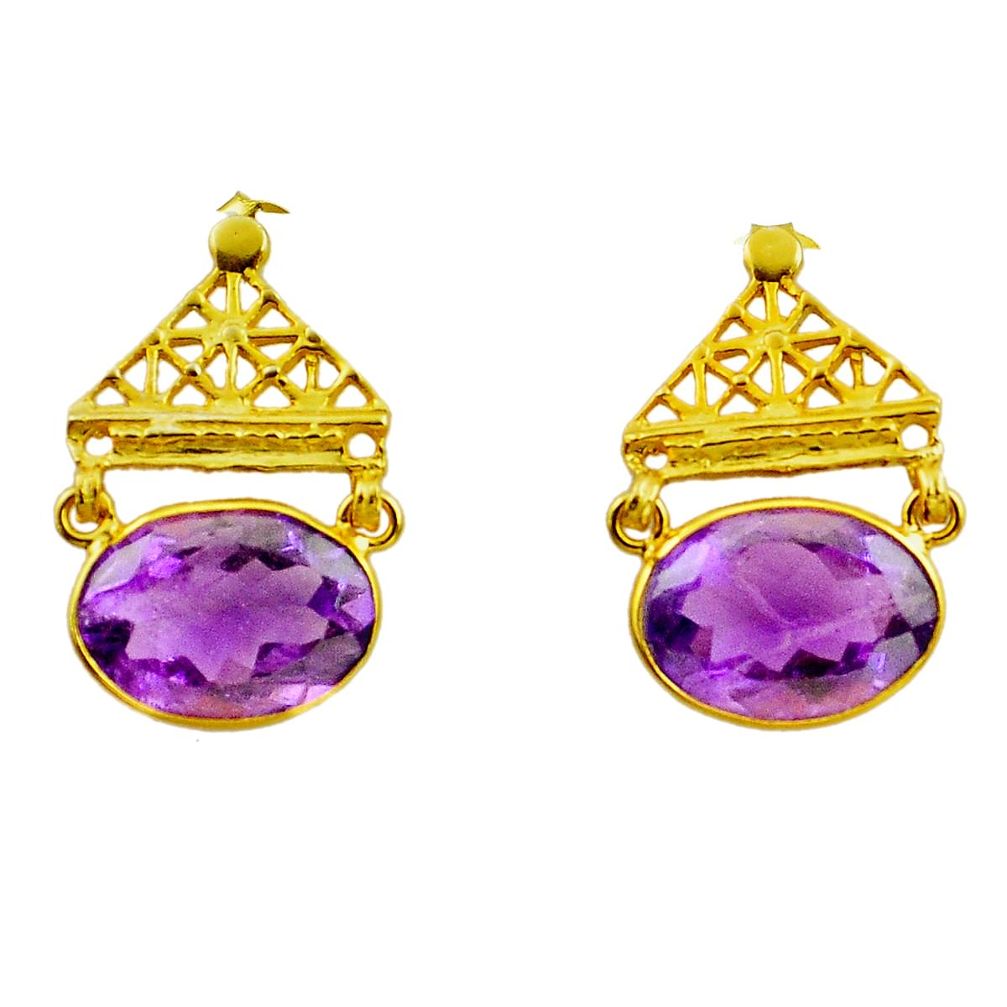 13.61cts natural purple amethyst 925 silver 14k gold dangle earrings p87386
