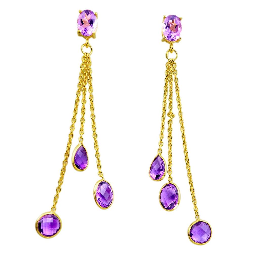 11.73cts natural purple amethyst 925 silver 14k gold dangle earrings p91297