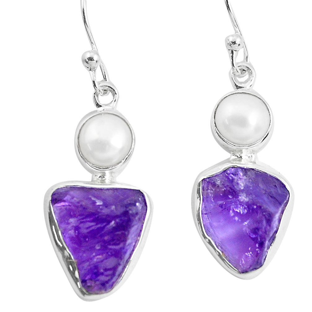 12.03cts natural purple amethyst rough pearl 925 silver dangle earrings p51791