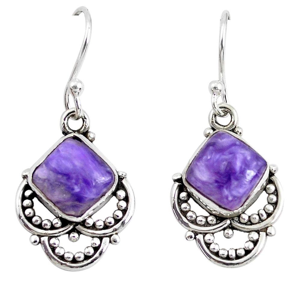 6.64cts natural purple charoite (siberian) 925 silver dangle earrings p52194