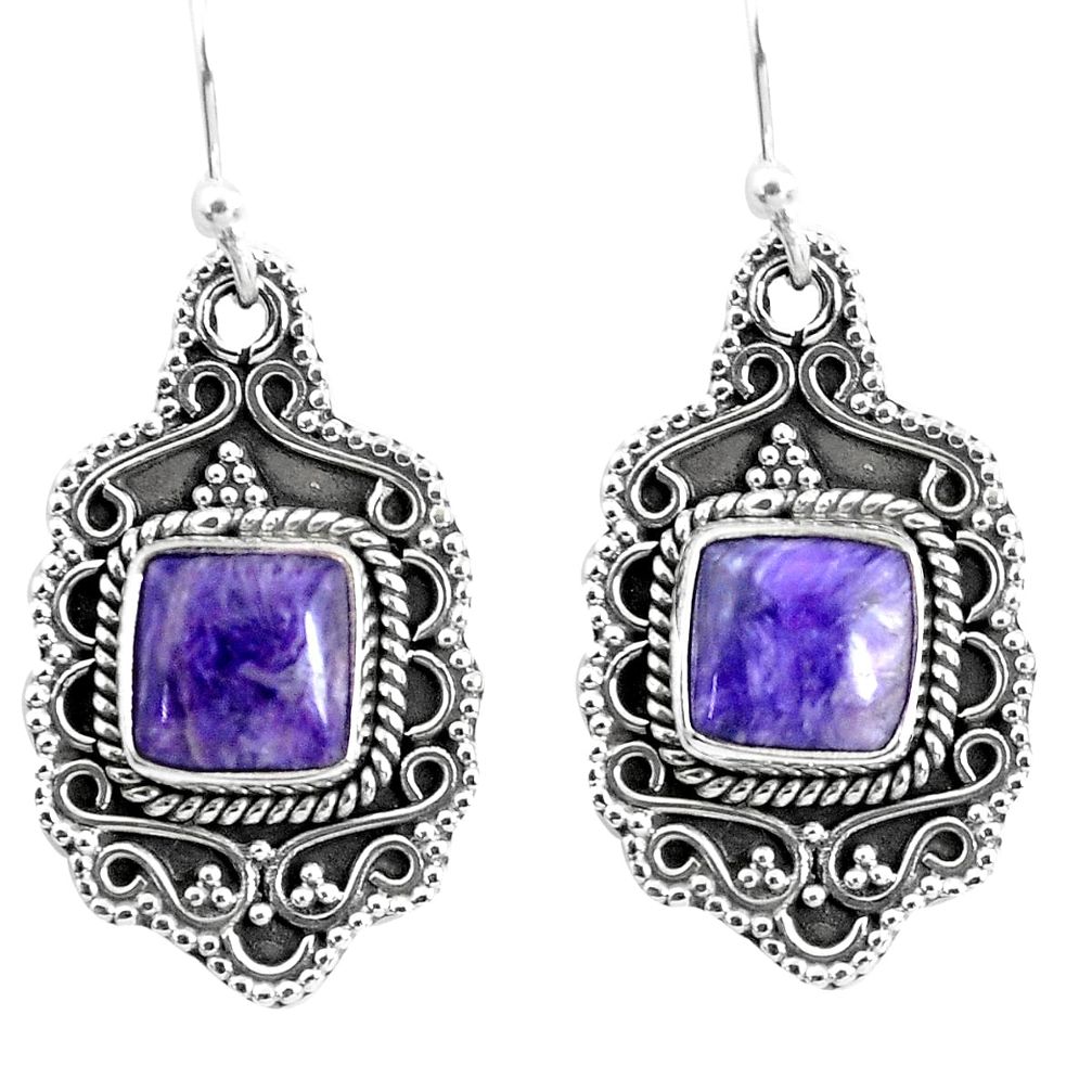 7.07cts natural purple charoite (siberian) 925 silver dangle earrings p52754