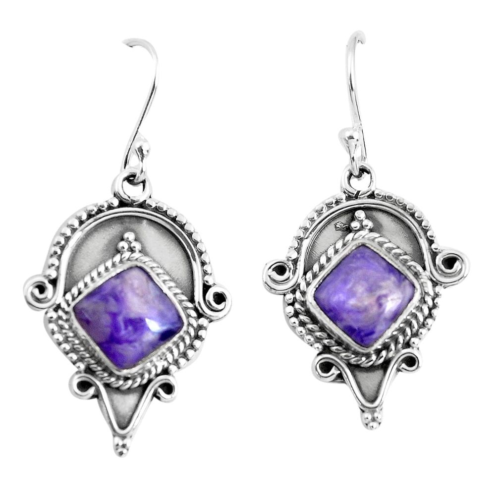 6.54cts natural purple charoite (siberian) 925 silver dangle earrings p52850