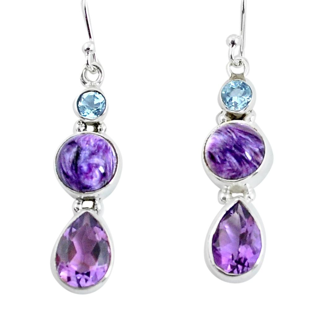 12.52cts natural purple charoite (siberian) 925 silver dangle earrings p57361