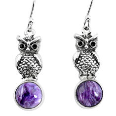 5.11cts natural purple charoite (siberian) 925 silver owl earrings p54965