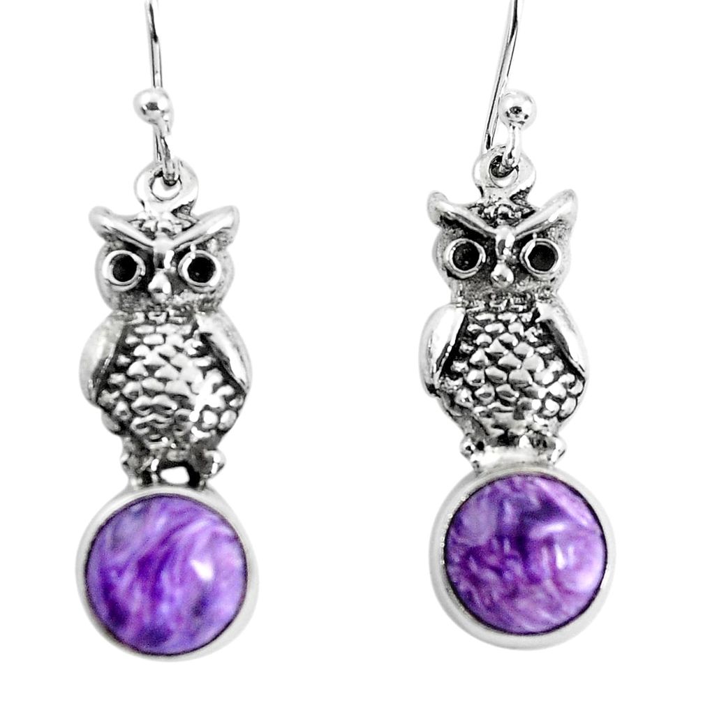 5.10cts natural purple charoite (siberian) 925 silver owl earrings p54973