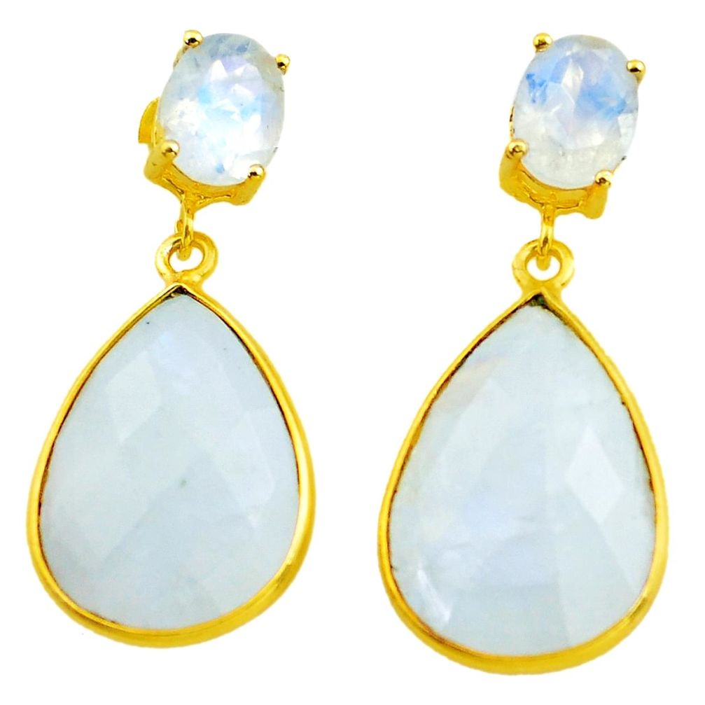 20.74cts natural rainbow moonstone 925 silver 14k gold dangle earrings p75758