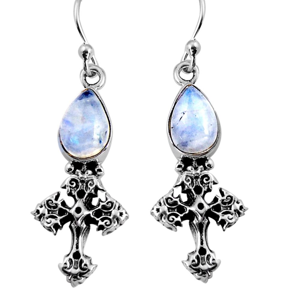 4.42cts natural rainbow moonstone 925 sterling silver holy cross earrings p91368