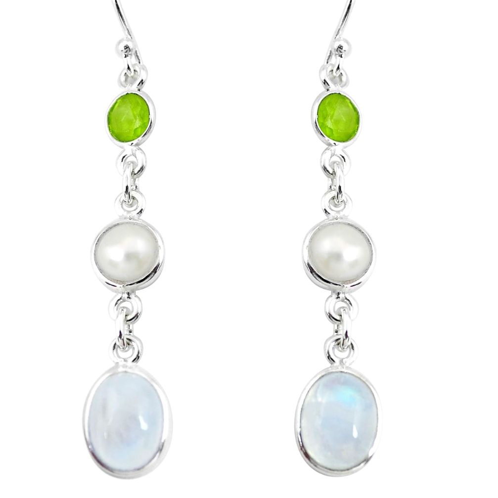 9.74cts natural rainbow moonstone pearl 925 silver dangle earrings p64794
