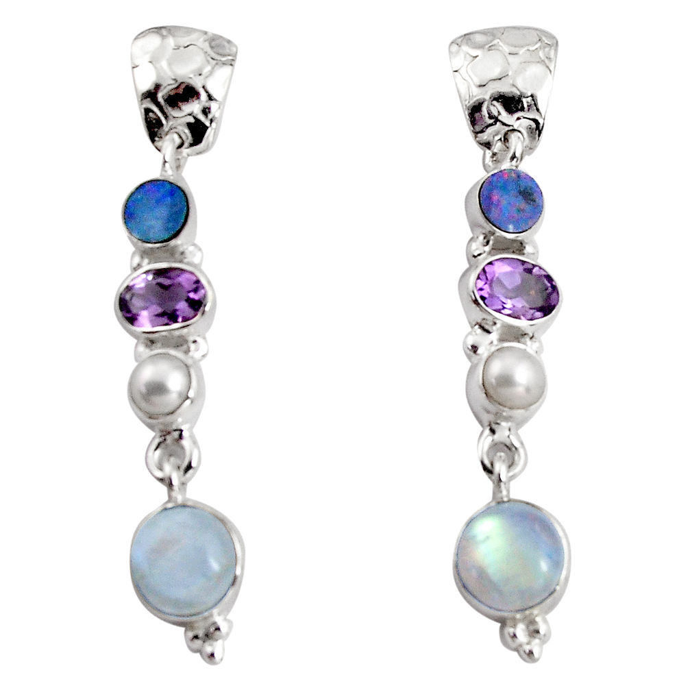 14.12cts natural rainbow moonstone white pearl 925 silver dangle earrings d32335