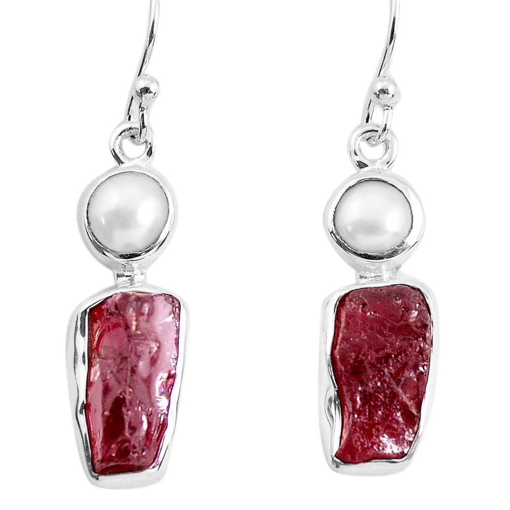 12.06cts natural red garnet rough white pearl 925 silver dangle earrings p51761