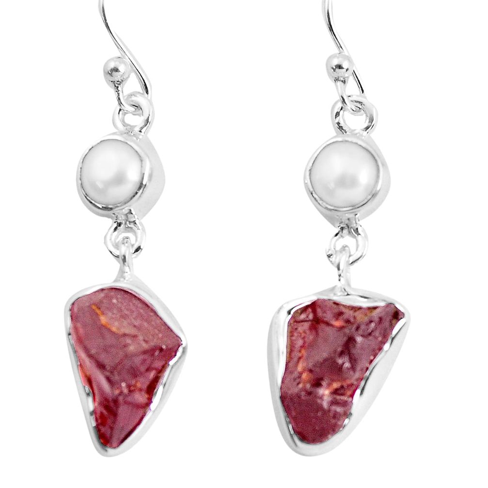 13.77cts natural red garnet rough white pearl 925 silver dangle earrings p51762