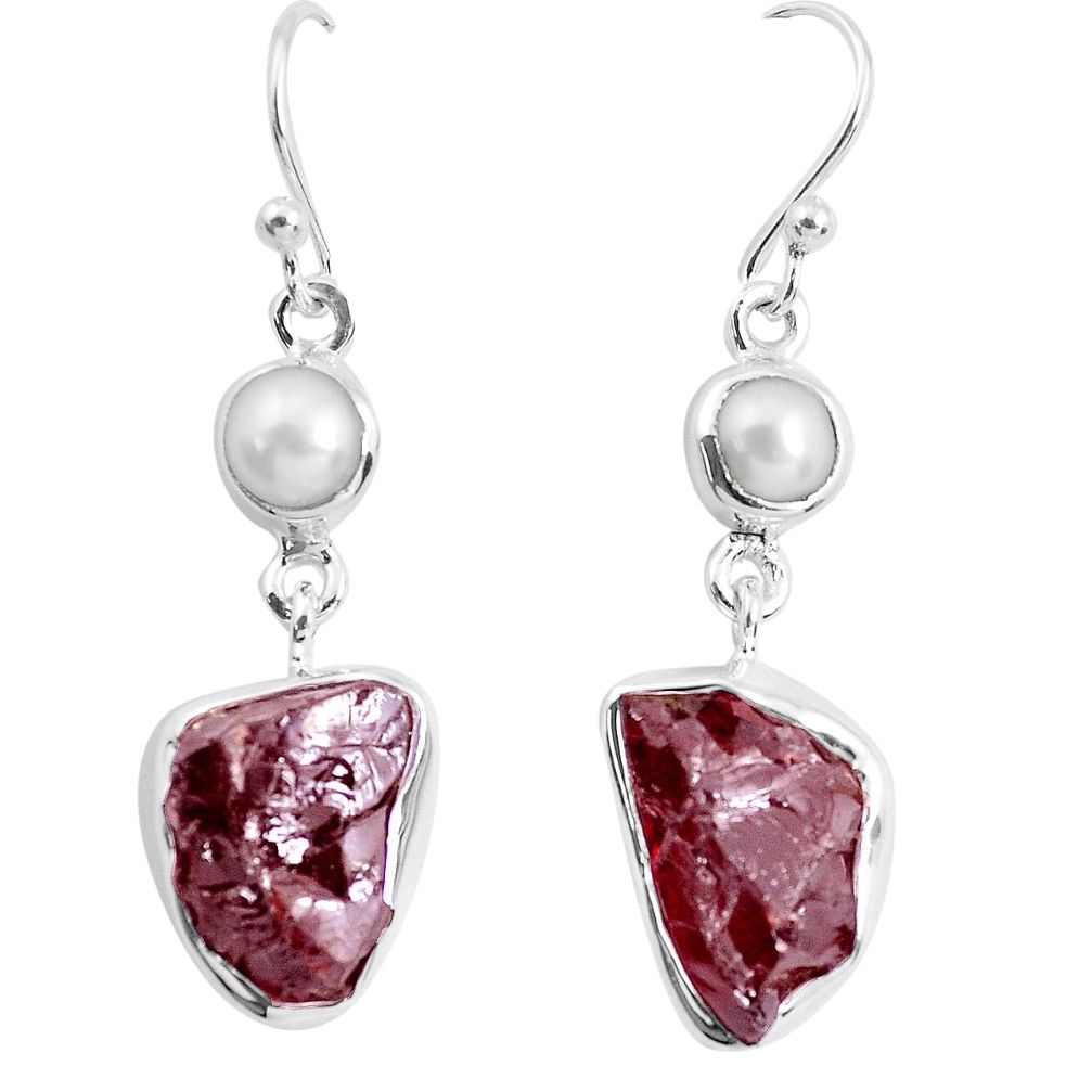 16.46cts natural red garnet rough white pearl 925 silver dangle earrings p51767