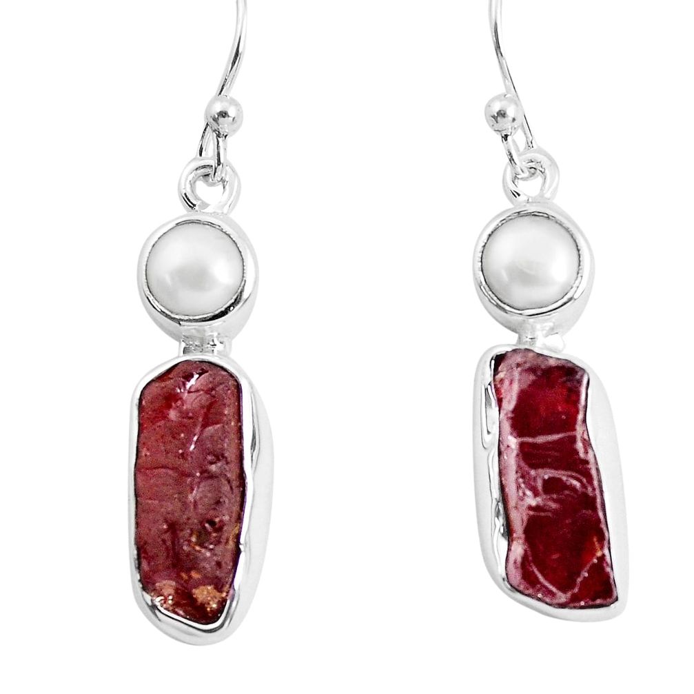 12.96cts natural red garnet rough white pearl 925 silver dangle earrings p51768