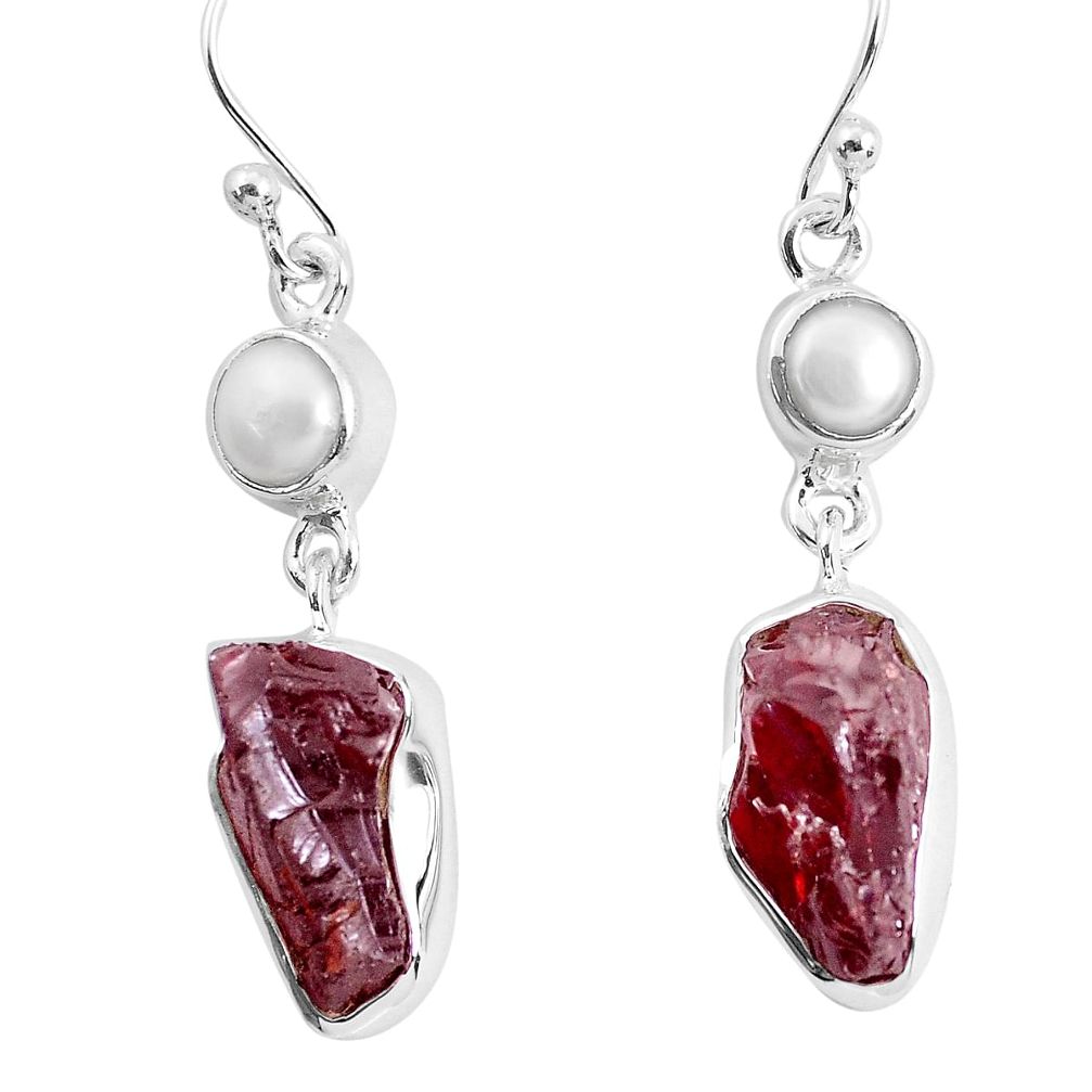 15.60cts natural red garnet rough white pearl 925 silver dangle earrings p51771