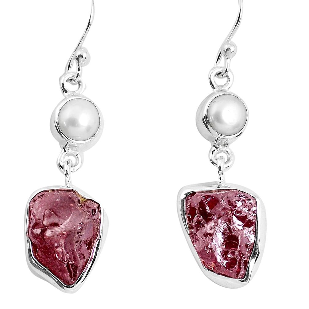 15.16cts natural red garnet rough white pearl 925 silver dangle earrings p51773