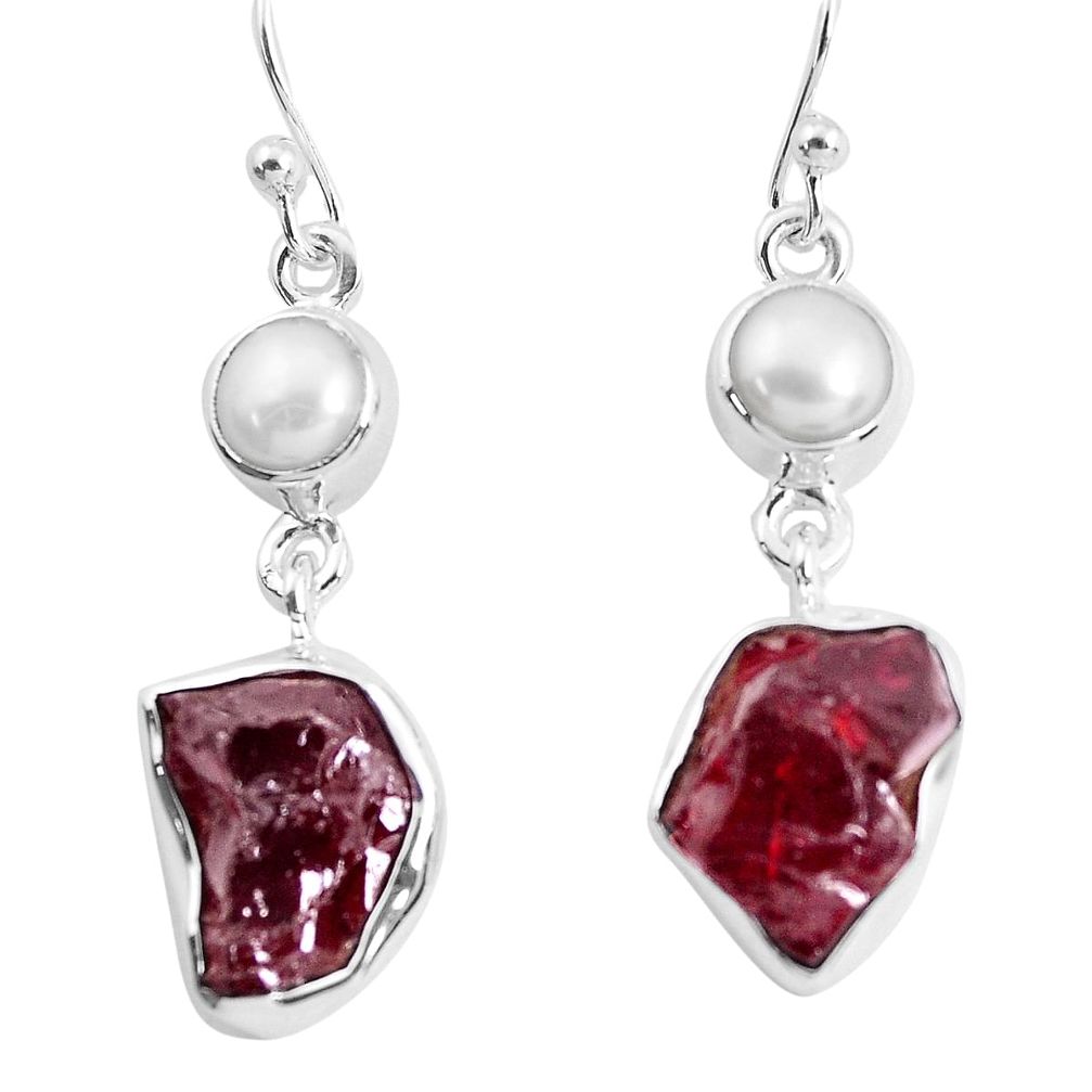 15.16cts natural red garnet rough white pearl 925 silver dangle earrings p51775