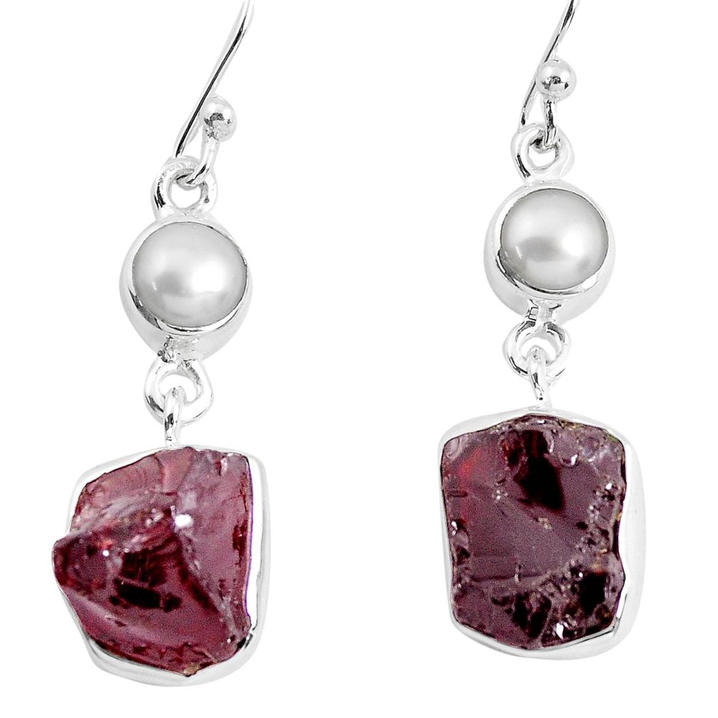 15.16cts natural red garnet rough white pearl 925 silver dangle earrings p51777