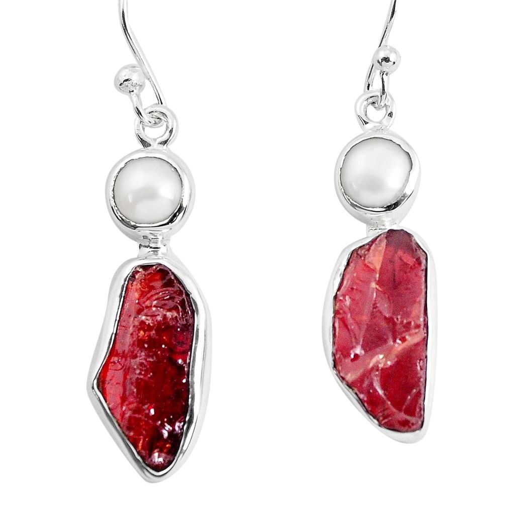 12.96cts natural red garnet rough white pearl 925 silver dangle earrings p51778