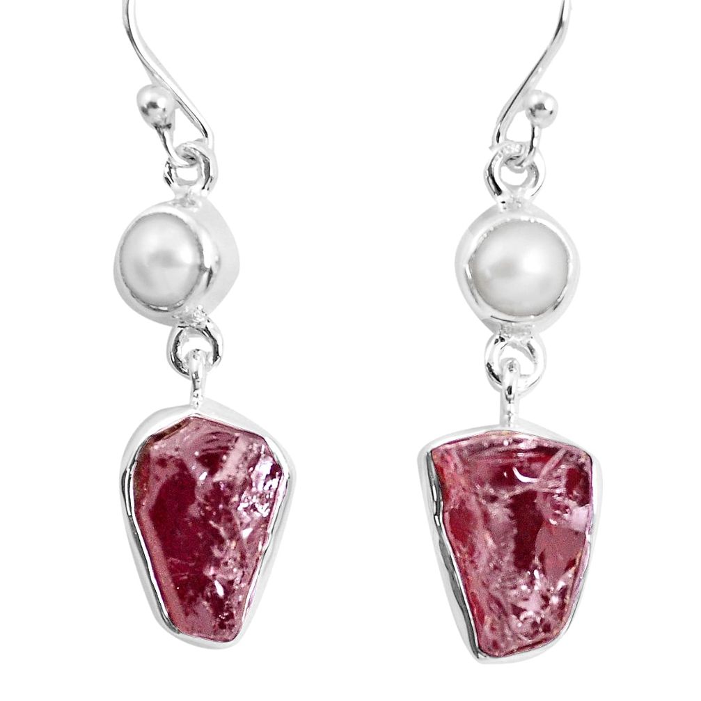 15.60cts natural red garnet rough white pearl 925 silver dangle earrings p51779