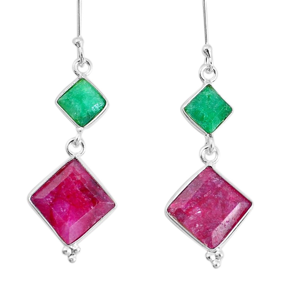 12.29cts natural red ruby emerald 925 sterling silver dangle earrings p34842