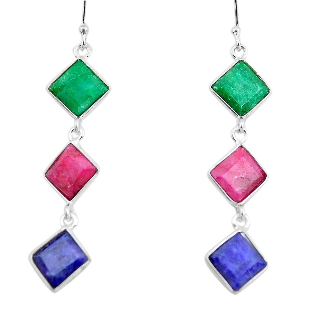 13.66cts natural red ruby emerald sapphire 925 silver dangle earrings p50722