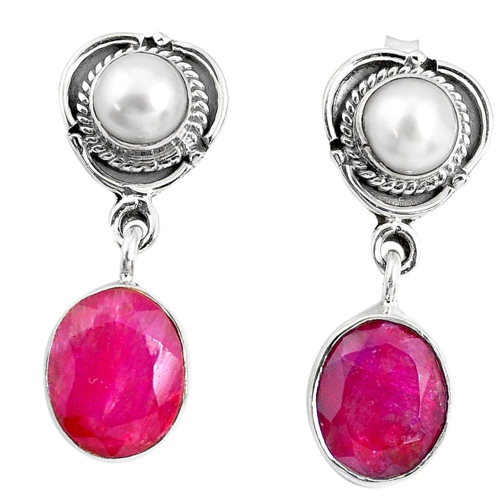 13.34cts natural red ruby pearl 925 sterling silver dangle earrings p51505