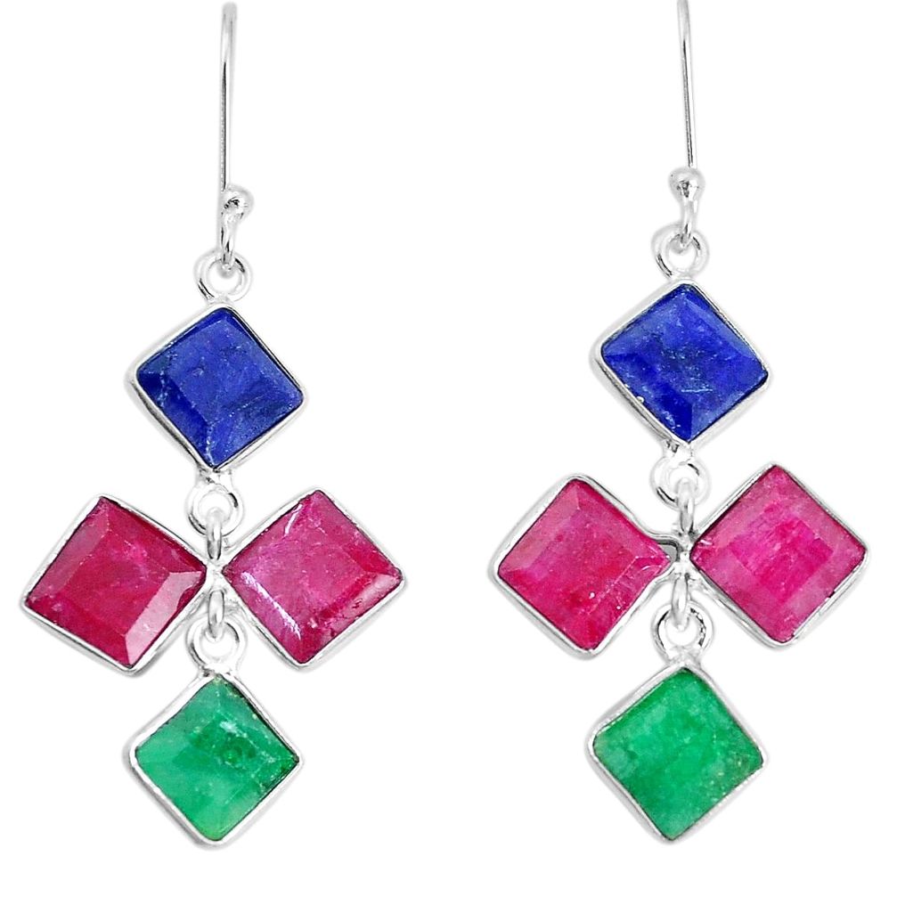 17.96cts natural red ruby sapphire emerald 925 silver dangle earrings p34762