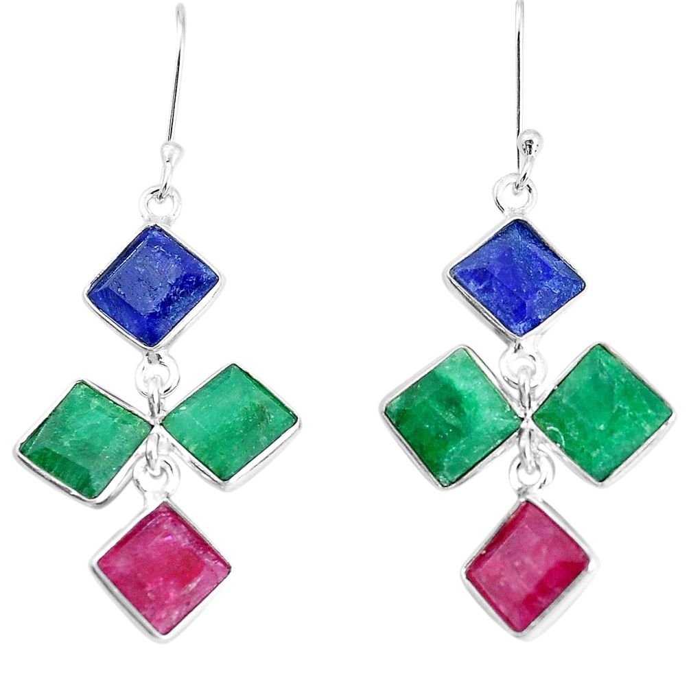 16.71cts natural red ruby sapphire emerald 925 silver dangle earrings p34779