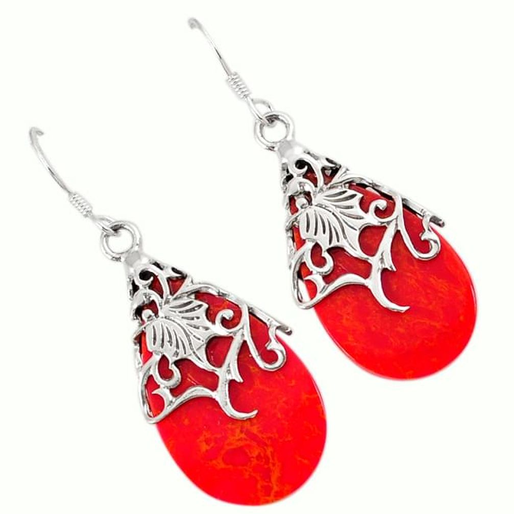 Natural red sponge coral 925 sterling silver leaf design dangle earrings h54567