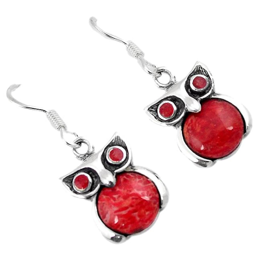 Natural red sponge coral 925 sterling silver owl dangle earrings jewelry h51197