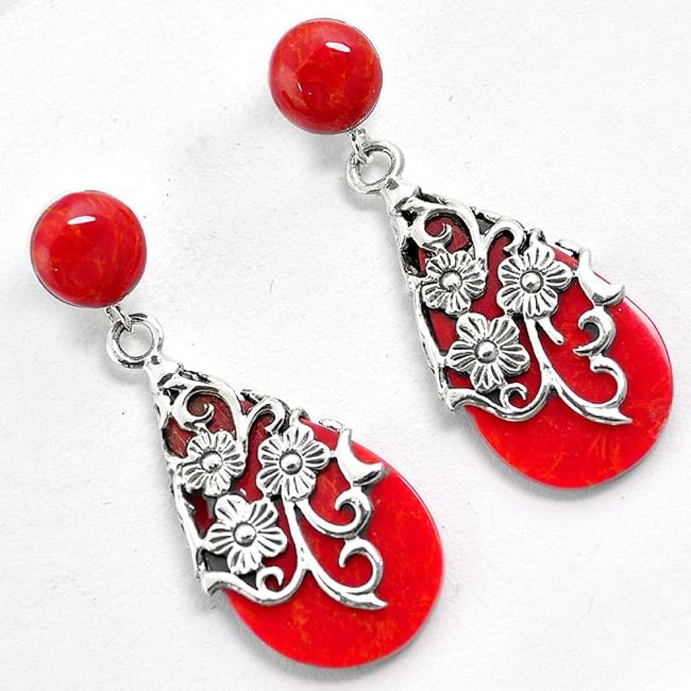 Natural red sponge coral leaf decor 925 silver dangle earrings jewelry h49750