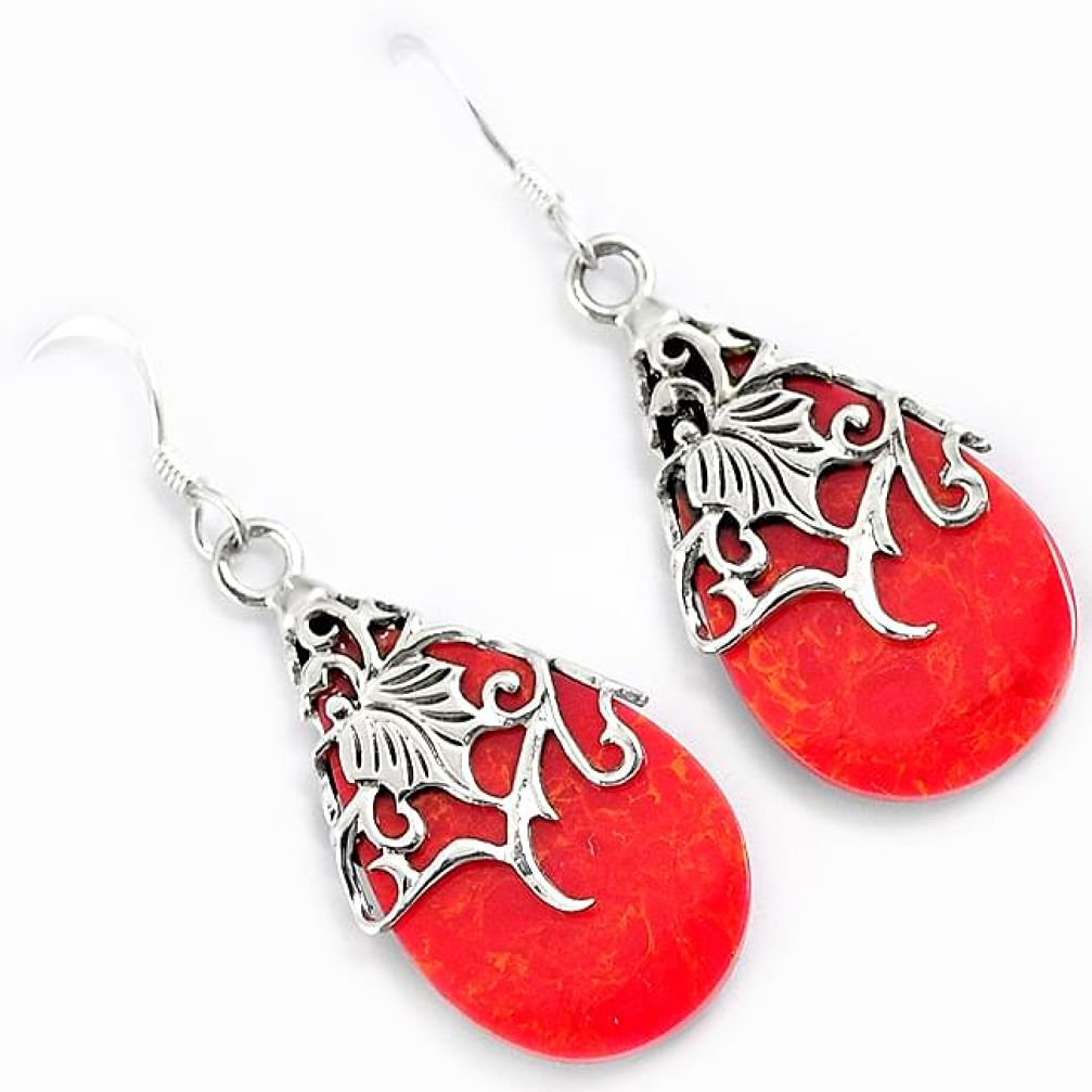 Natural red sponge coral sterling silver leaf designer dangle earrings h45729