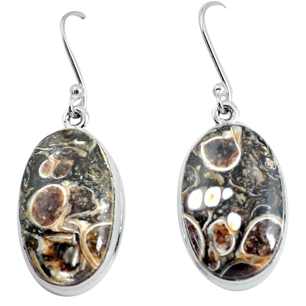 22.98cts natural turritella fossil snail agate 925 silver dangle earrings d31542