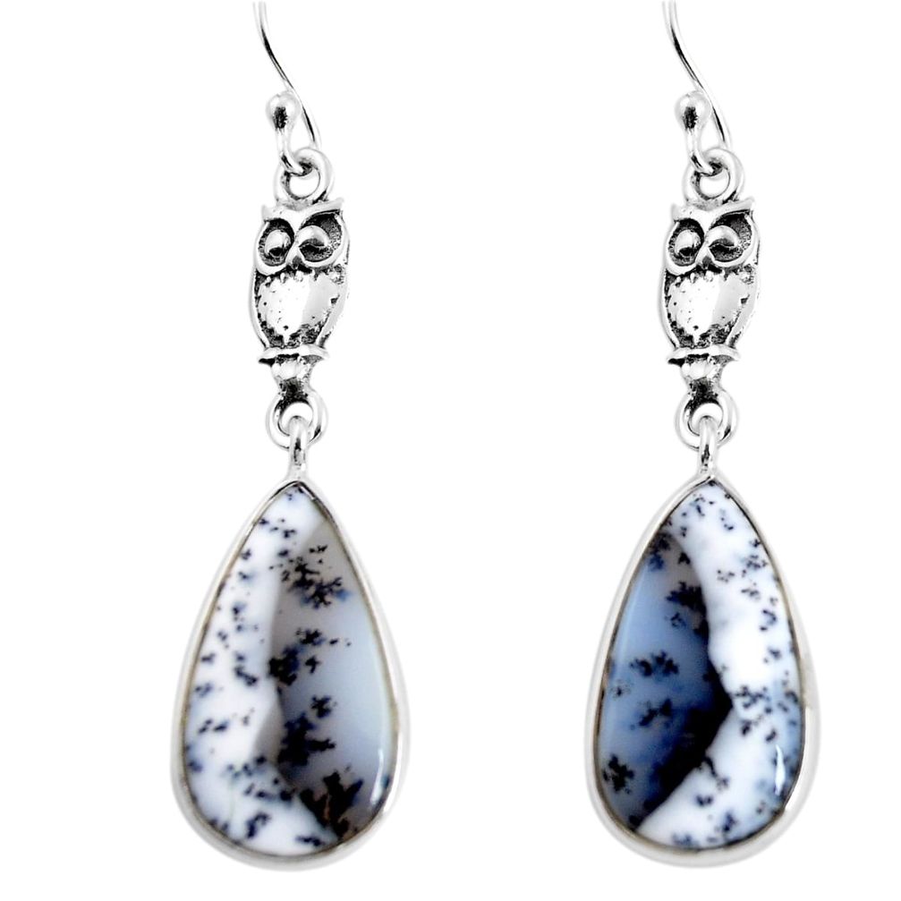 11.26cts natural white dendrite opal (merlinite) 925 silver owl earrings p91893