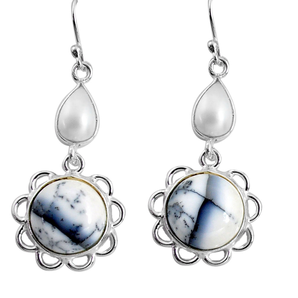 14.73cts natural white dendrite opal (merlinite) silver dangle earrings p89293