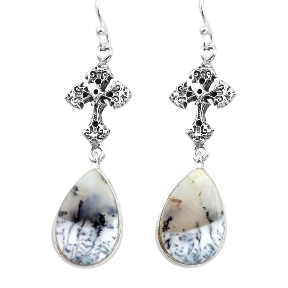 15.72cts natural white dendrite opal 925 silver holy cross earrings p72580