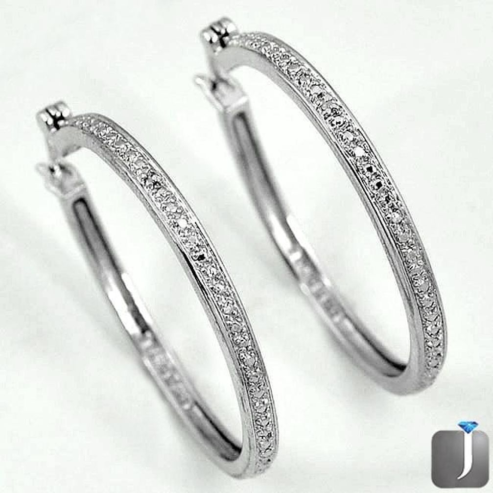 0.03cts NATURAL WHITE DIAMOND 925 STERLING SILVER HOOP EARRINGS JEWELRY F96612