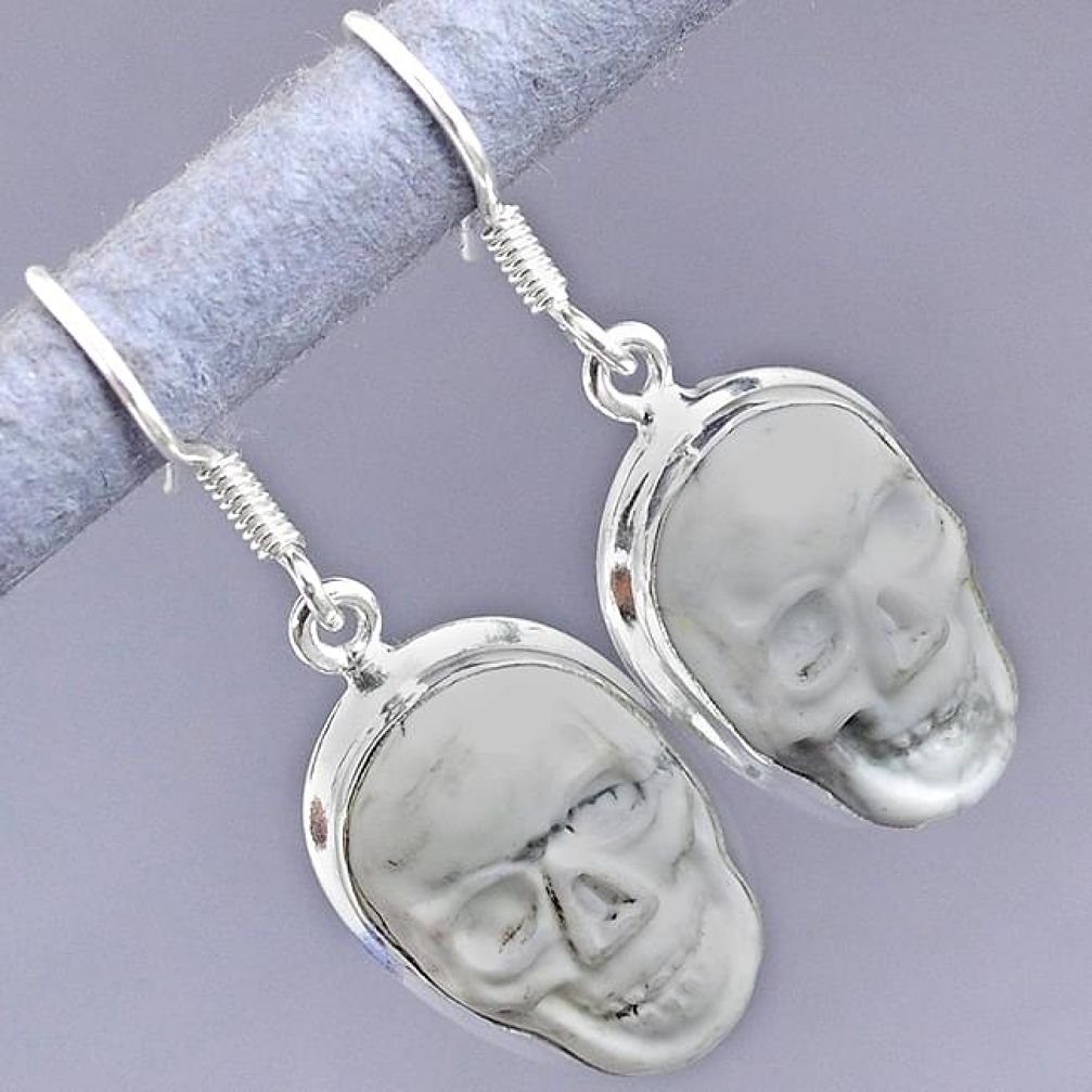 NATURAL WHITE HOWLITE 925 SILVER SKULL FACE DANGLE EARRINGS JEWELRY G95891