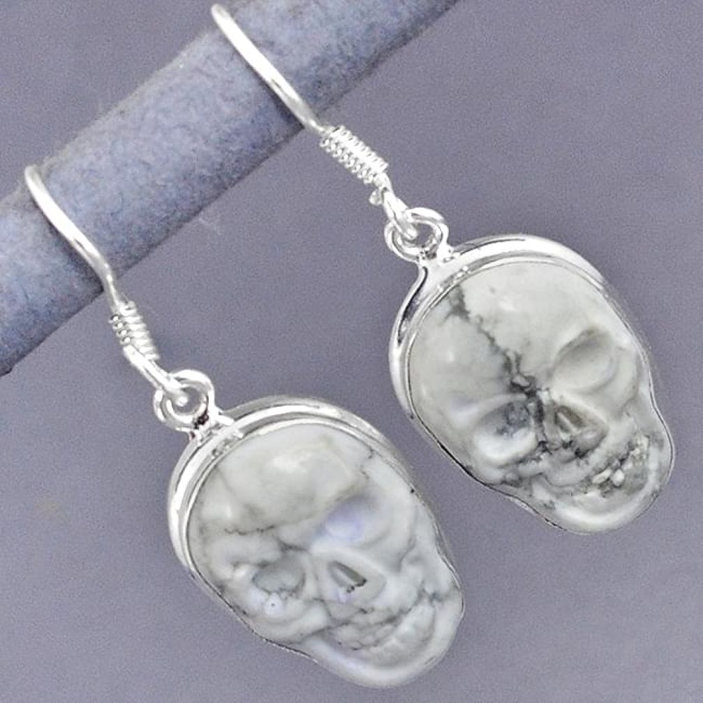 NATURAL WHITE HOWLITE 925 SILVER SKULL FACE DANGLE EARRINGS JEWELRY G95892