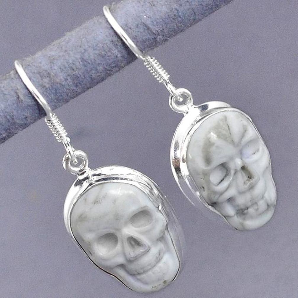 NATURAL WHITE HOWLITE 925 STERLING SILVER SKULL FACE EARRINGS JEWELRY G95898