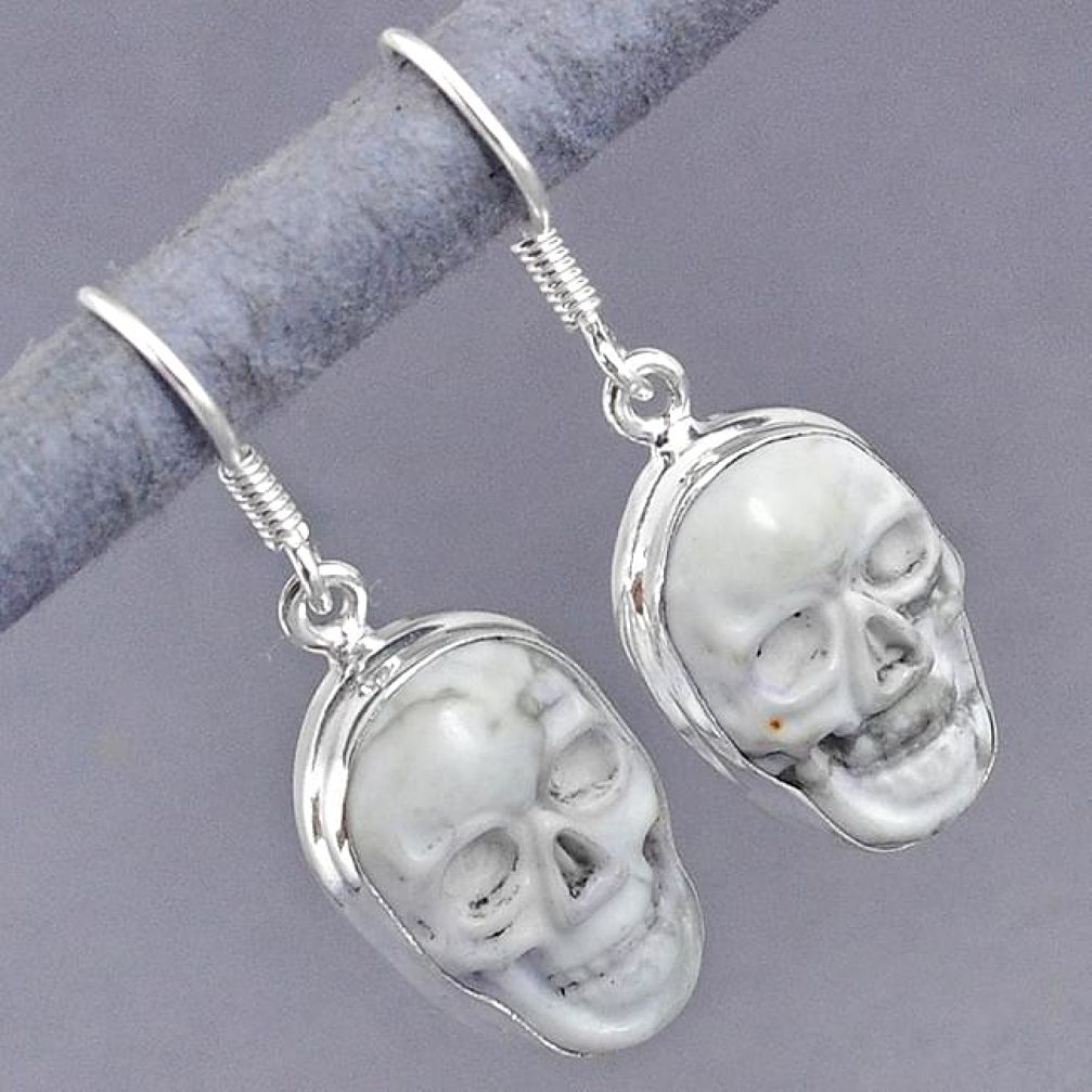 NATURAL WHITE HOWLITE 925 STERLING SILVER SKULL FACE EARRINGS JEWELRY G95899