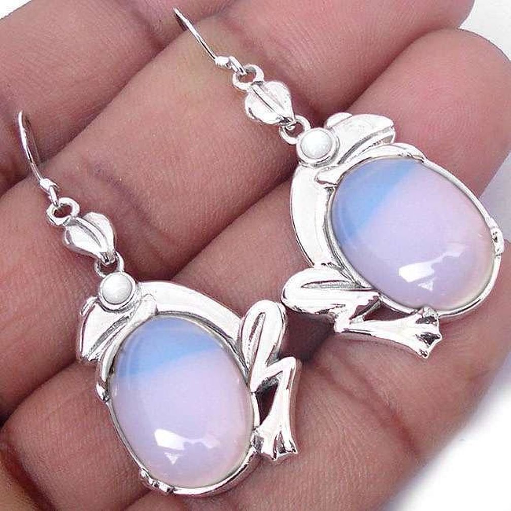 NATURAL WHITE OPALITE PEARL 925 STERLING SILVER FROG DANGLE EARRINGS H14875