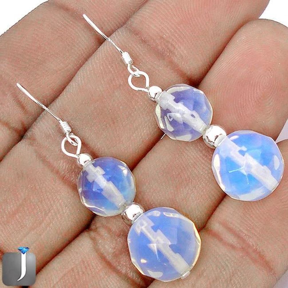 25.97cts NATURAL WHITE OPALITE ROUND 925 STERLING SILVER EARRINGS JEWELRY G42455