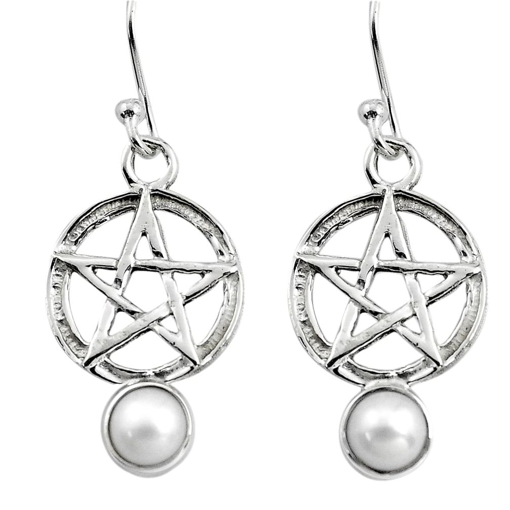 1.96cts natural white pearl 925 sterling silver wicca symbol earrings p84963